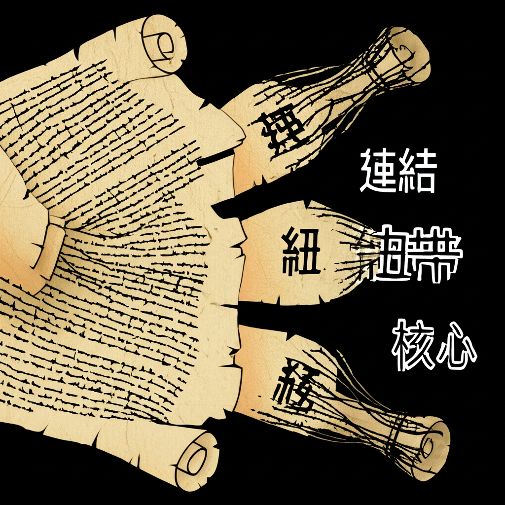 拉丁文卷軸演變為中文詞彙連結、紐帶、核心的視覺呈現,象徵Nexus的語義傳承