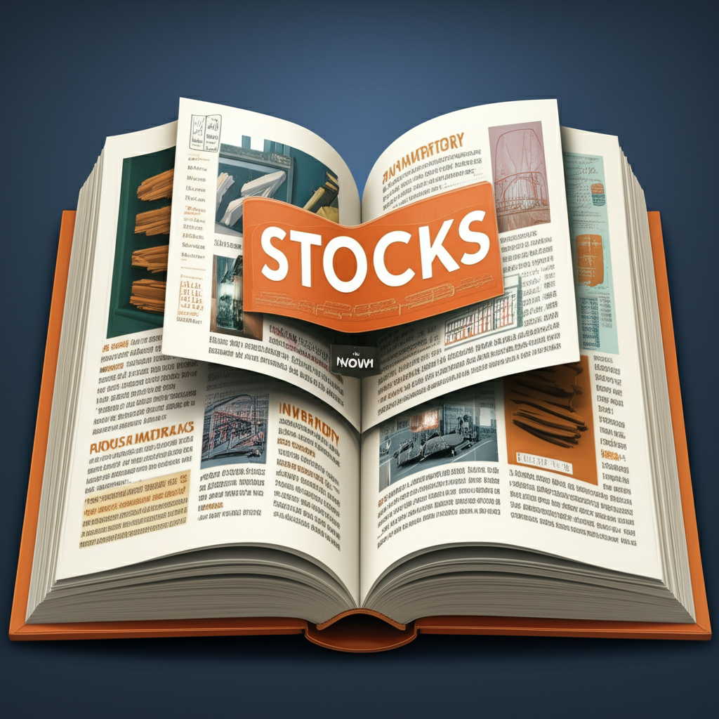 一本標題為stocks的名詞大書,書頁展開顯示各種中文含義如金融市場、庫存和原料,呈現資訊性風格