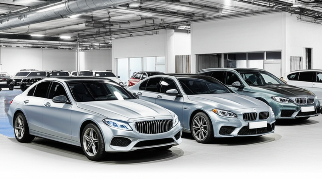 An illustration of high-quality foreign cars like Mercedes-Benz and BMW being carefully selected and legally processed by Hongda International for discerning buyers seeking value and luxury