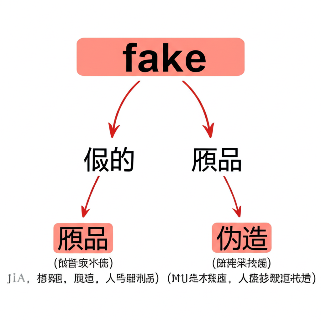 英文單字 fake 轉化為不同中文詞彙的視覺化圖像,包含假的、贗品、偽造等