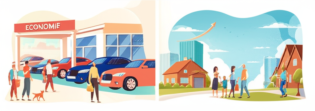 An illustration showing two distinct panels one representing current economic conditions with people buying cars and houses and another representing future expectations with people looking at a clear horizon and job market