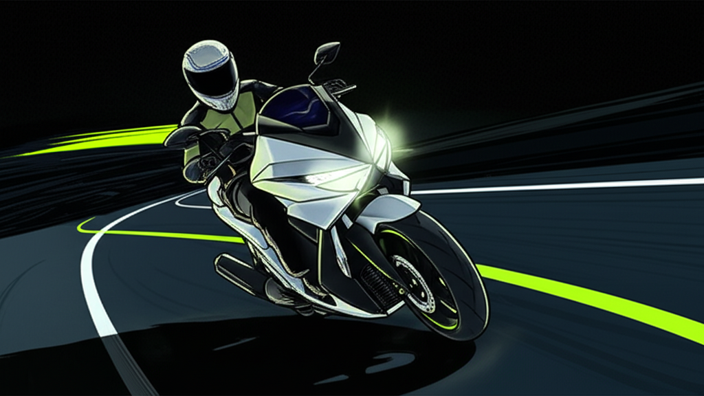 An illustration of the Yamaha Augur 155's futuristic exterior design highlighting its streamlined body geometric elements and especially the distinctive Y-LLA smart headlamp system illuminating a winding road at night with a rider confidently navigating the curve showcasing enhanced safety and innovative lighting