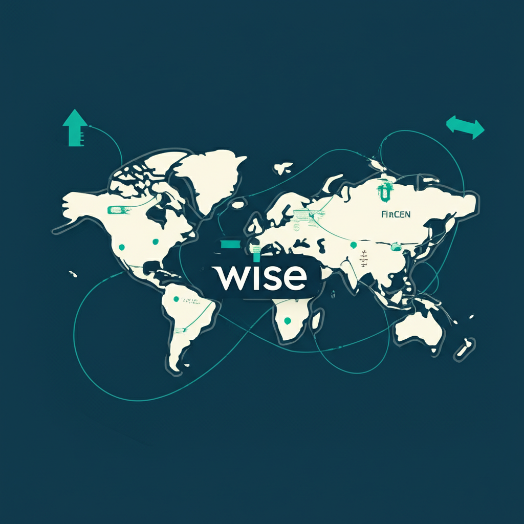 Wise 金融科技公司標誌與全球地圖,顯示點對點轉帳及監管機構如 FCA 和 FinCEN 的保障,代表安全透明的無邊界金融