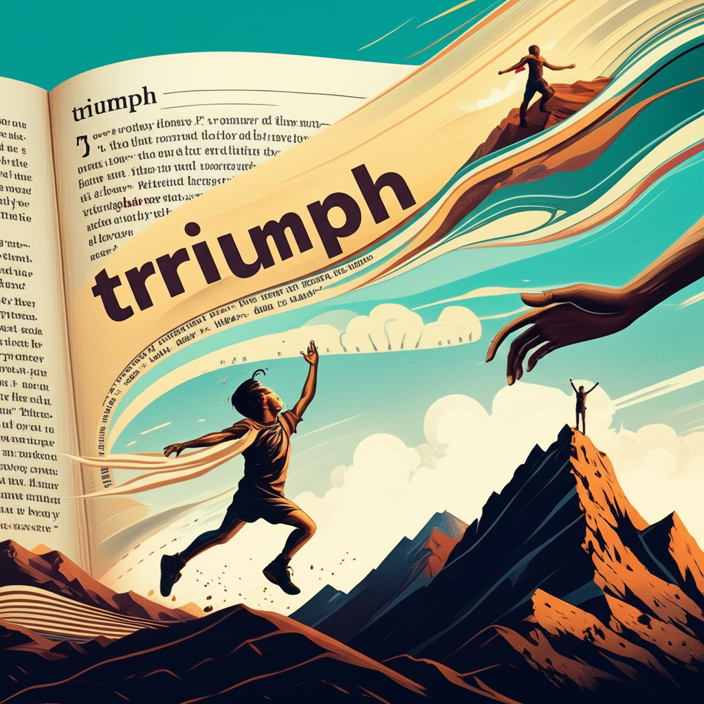 插圖為字典頁面,單字triumph被高亮,延伸出衝過終點線的跑者與登頂山峰的手,象徵其名詞與動詞的意義