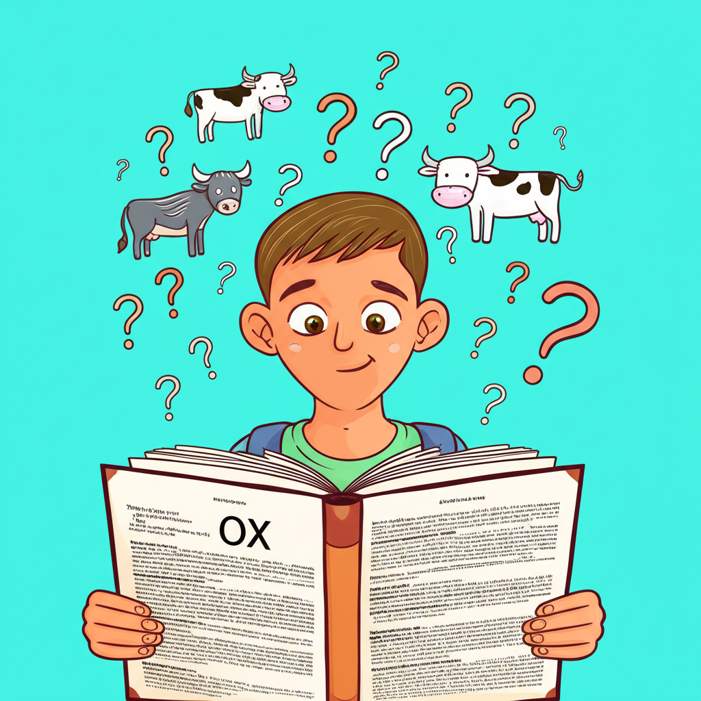 一位學生好奇地翻閱字典,探索『ox』這個詞,周圍環繞著關於cow、bull與oxen的問號,象徵語言與文化理解的旅程