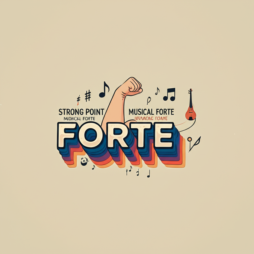 Forte 詞彙的多義插圖,展示強項、音樂強音與品牌應用,從浪漫語系起源的多層次用法,生動資訊視覺