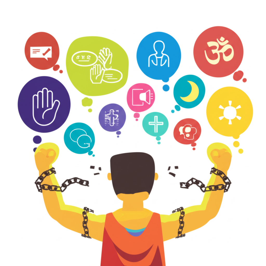 Illustration of a person breaking free from chains with various thought bubbles around them depicting political voting human rights speech bubbles and economic symbols and religious icons