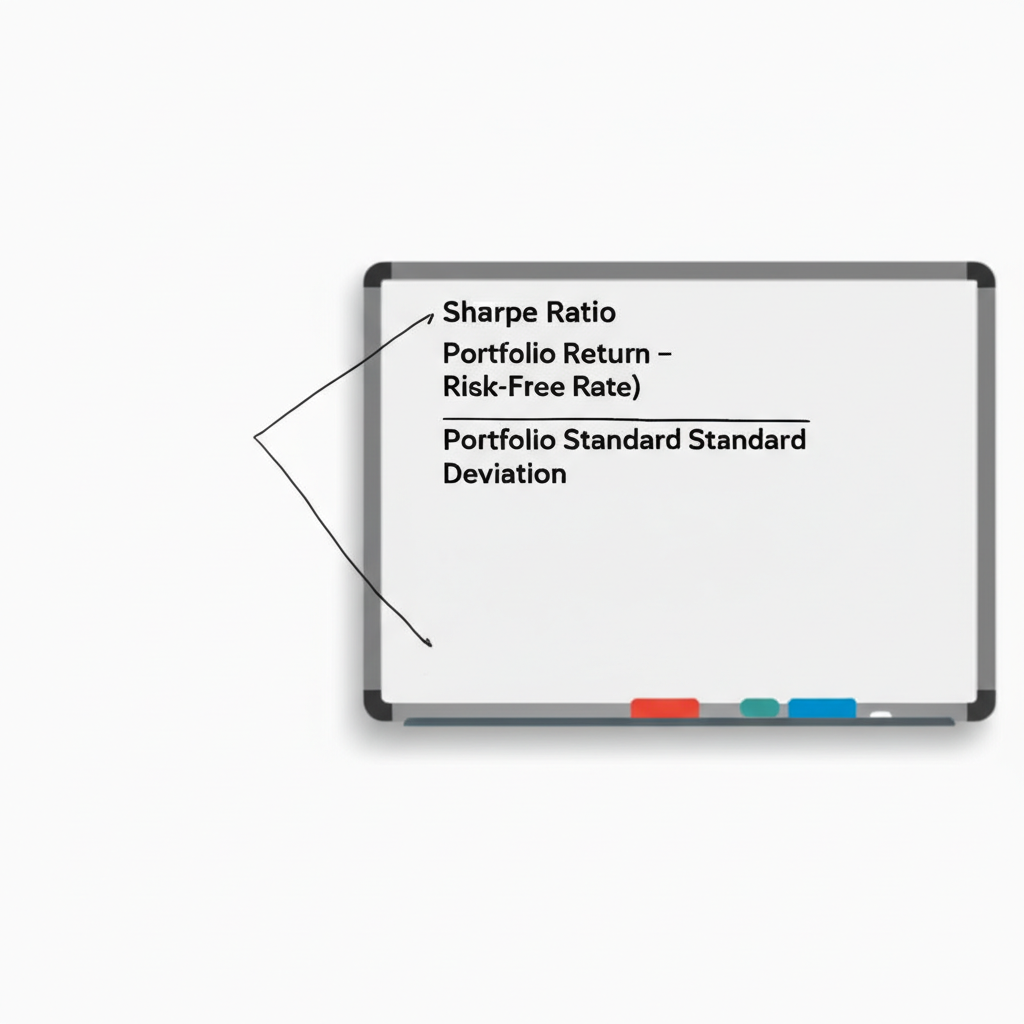 An illustration of a whiteboard displaying the Sharpe Ratio formula (Portfolio Return - Risk-Free Rate) / Portfolio Standard Deviation with clear annotations explaining each component