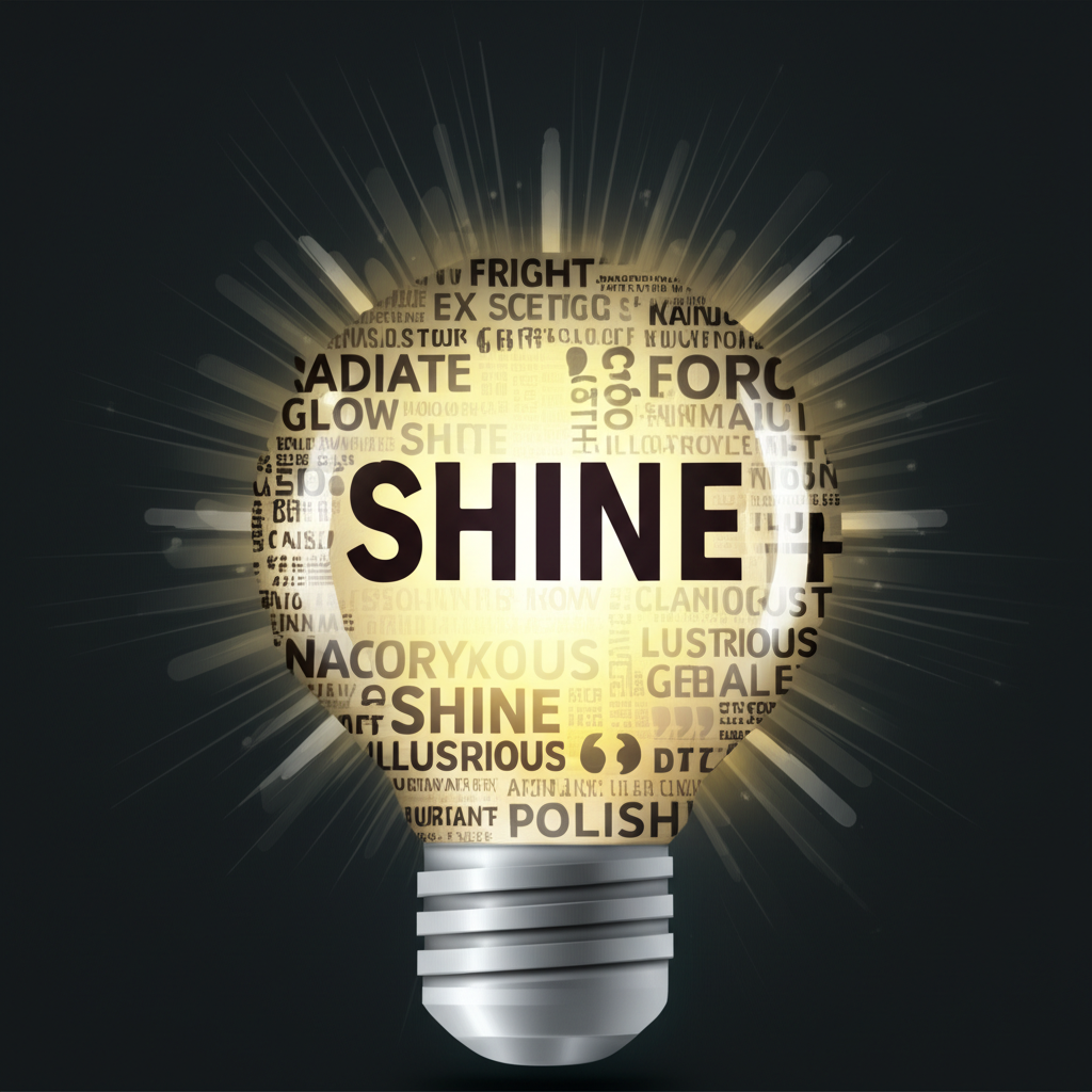 發光燈泡散發出代表「shine」豐富語意的英文單字與符號,象徵語言學習者與翻譯工作者所需掌握的多元用法