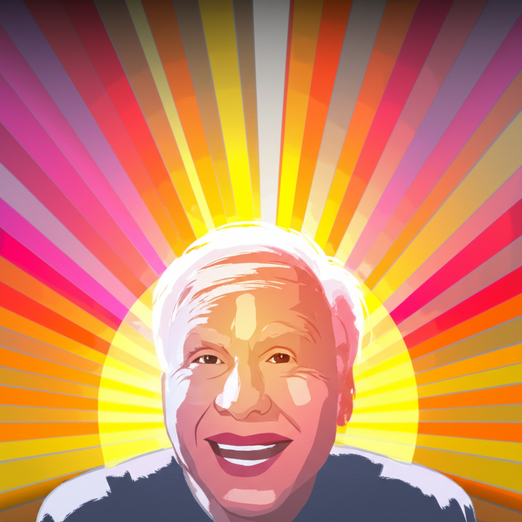 Radiant 核心含義的陽光與笑容插圖,描繪朝陽升起與燦爛笑容照亮房間的場景