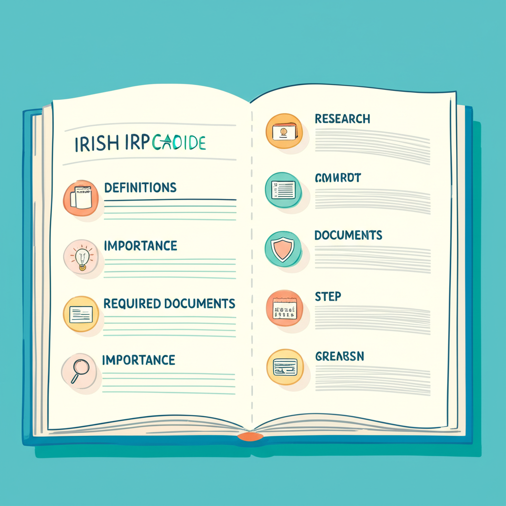An illustration of an open book or document detailing the Irish IRP card application process with icons for definitions importance documents and steps leading to a clear understanding