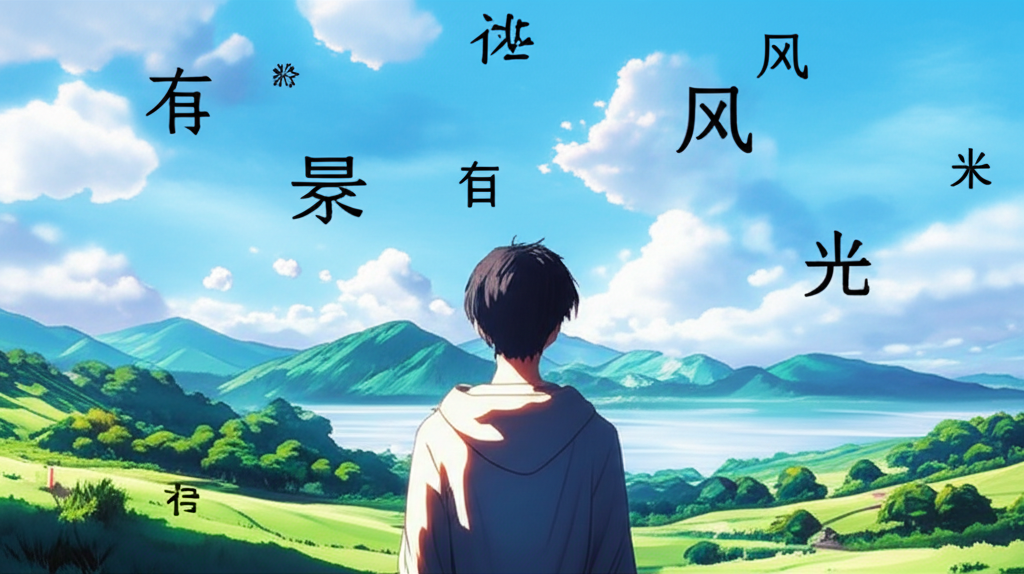 一位人眺望美麗景觀,周圍飄浮著各種中文「風景」相關字詞,象徵探索英文單字scenery在中文中的文法與差異