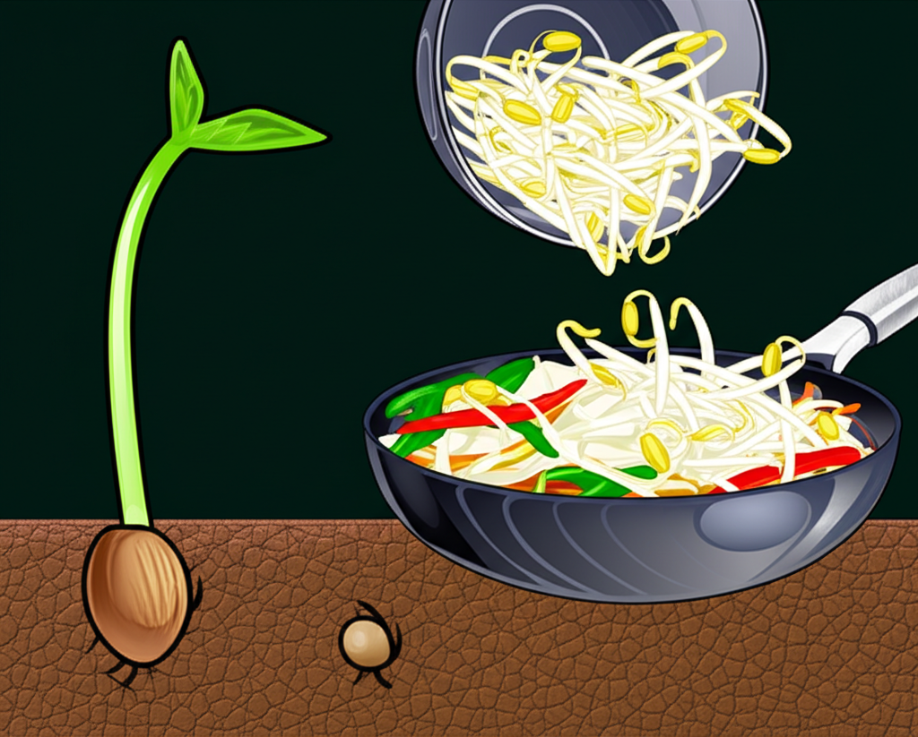 種子破土發芽與炒菜加豆芽插圖,呈現動詞與名詞的應用