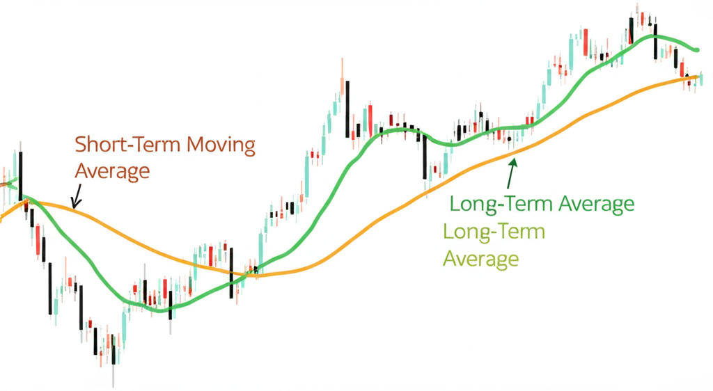 An illustration of two distinct moving average lines a faster short term line crossing above a slower long term line on a stock chart representing the core components of a golden cross formation with clear labels for each line