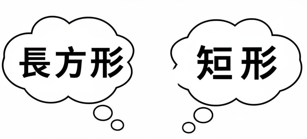 兩個並列的思維氣泡,分別標示「長方形」與「矩形」,呈現兩種中文翻譯在語境上的細微差異