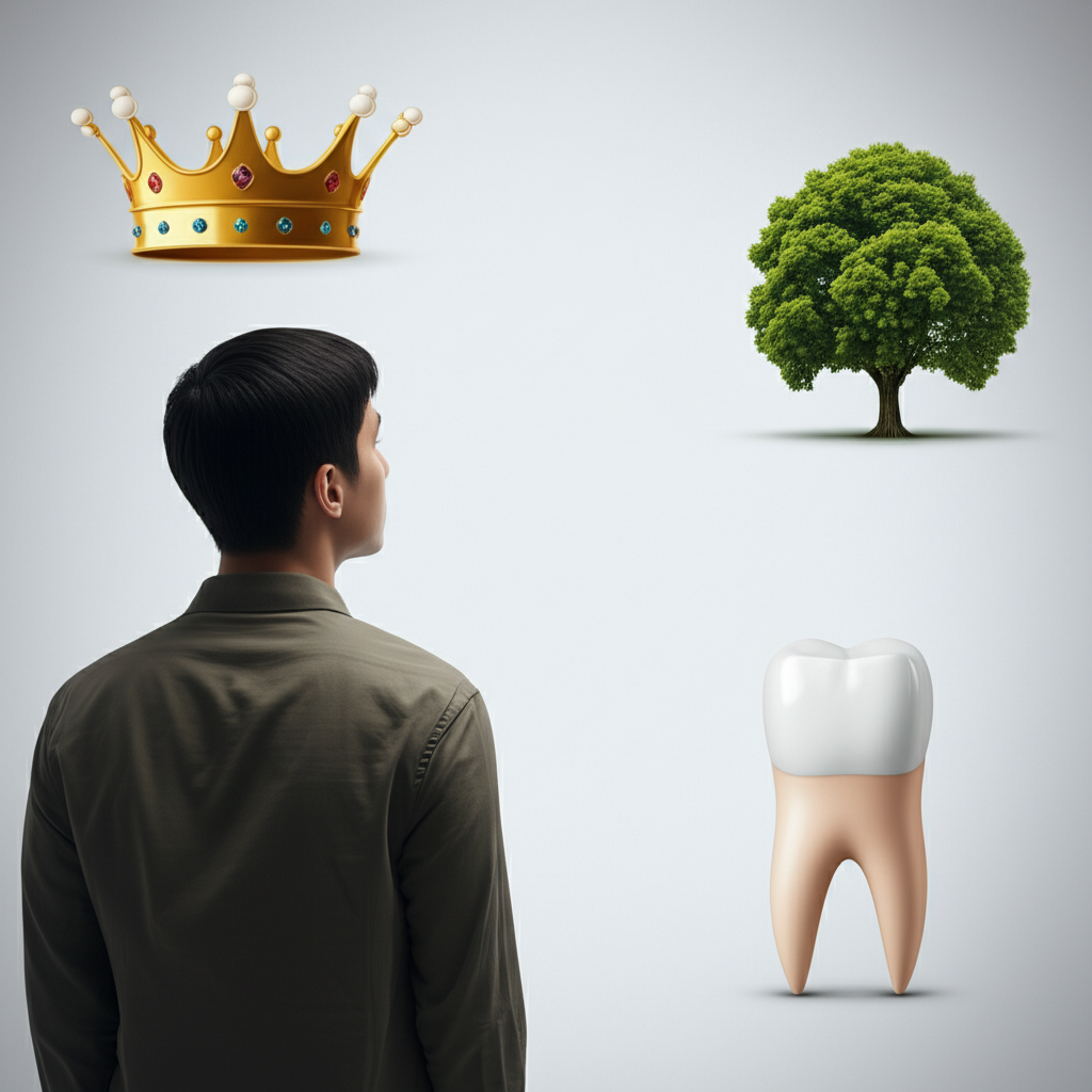 插圖展示一個人觀察王冠、牙冠與樹冠等象徵,呈現英文單詞crown的多樣意義