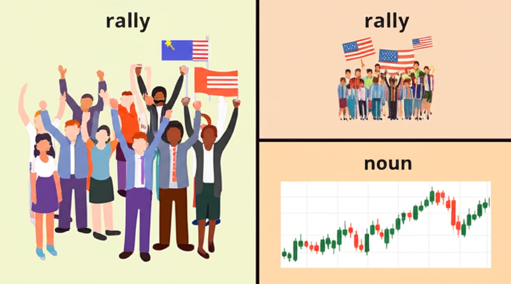 rally 作為動詞與名詞的圖示,展示人們聚集、恢復健康、政治集會與股市回升