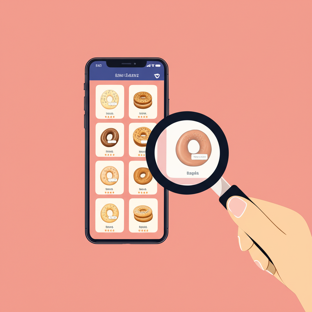 User examining high-quality Bagels on phone screen with magnifying glass in cozy setting