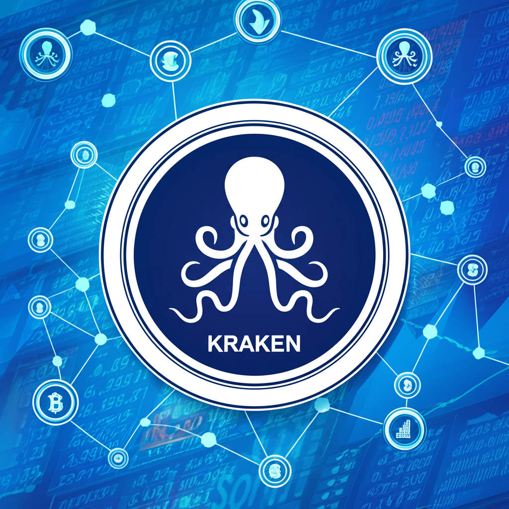 Kraken交易所的未來感插圖,展示章魚標誌代表全球信任與數位資產管理