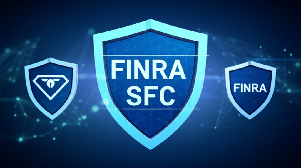 安全金融平台插圖,顯示SEC、FINRA和SFC等監管機構標誌與防護盾,保護全球金融市場中用戶資金的安全數位元素