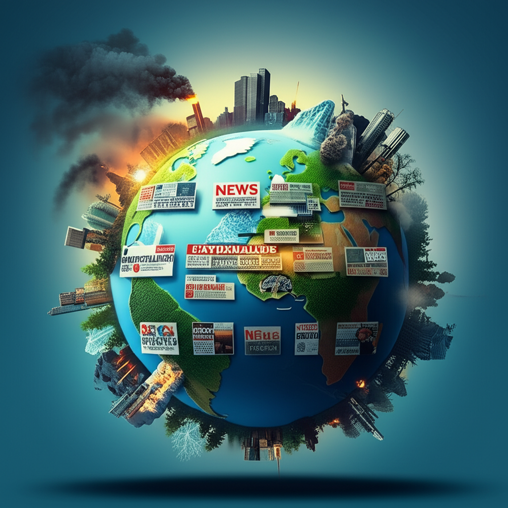 Illustration of a stylized Earth with environmental issues and global connectivity