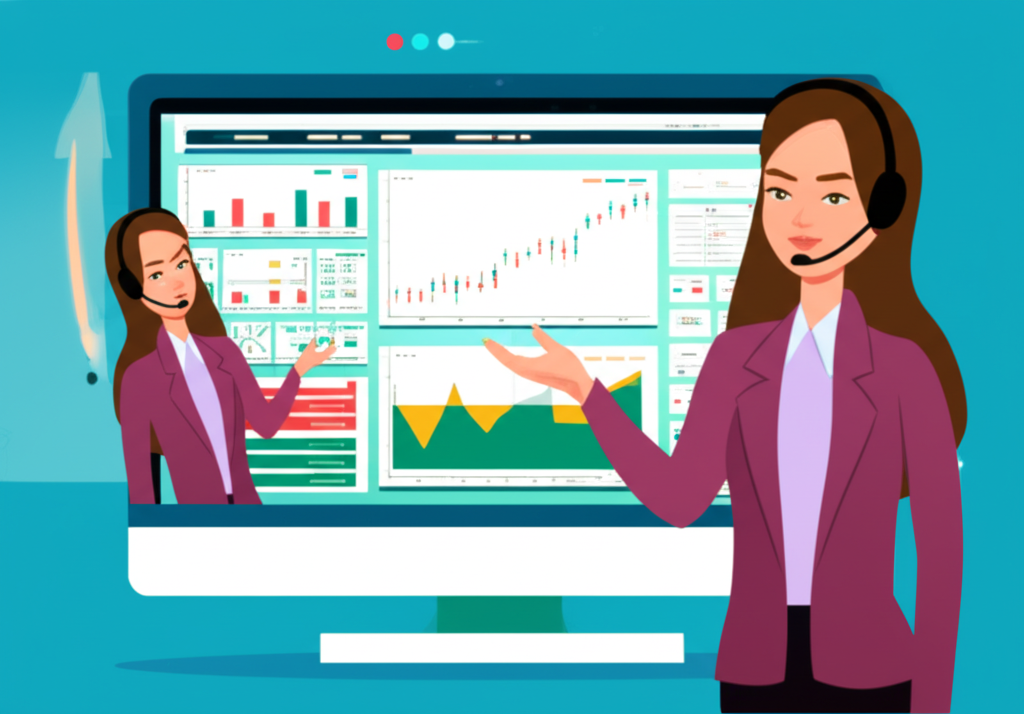 Fast customer support, forex screen, illustration.