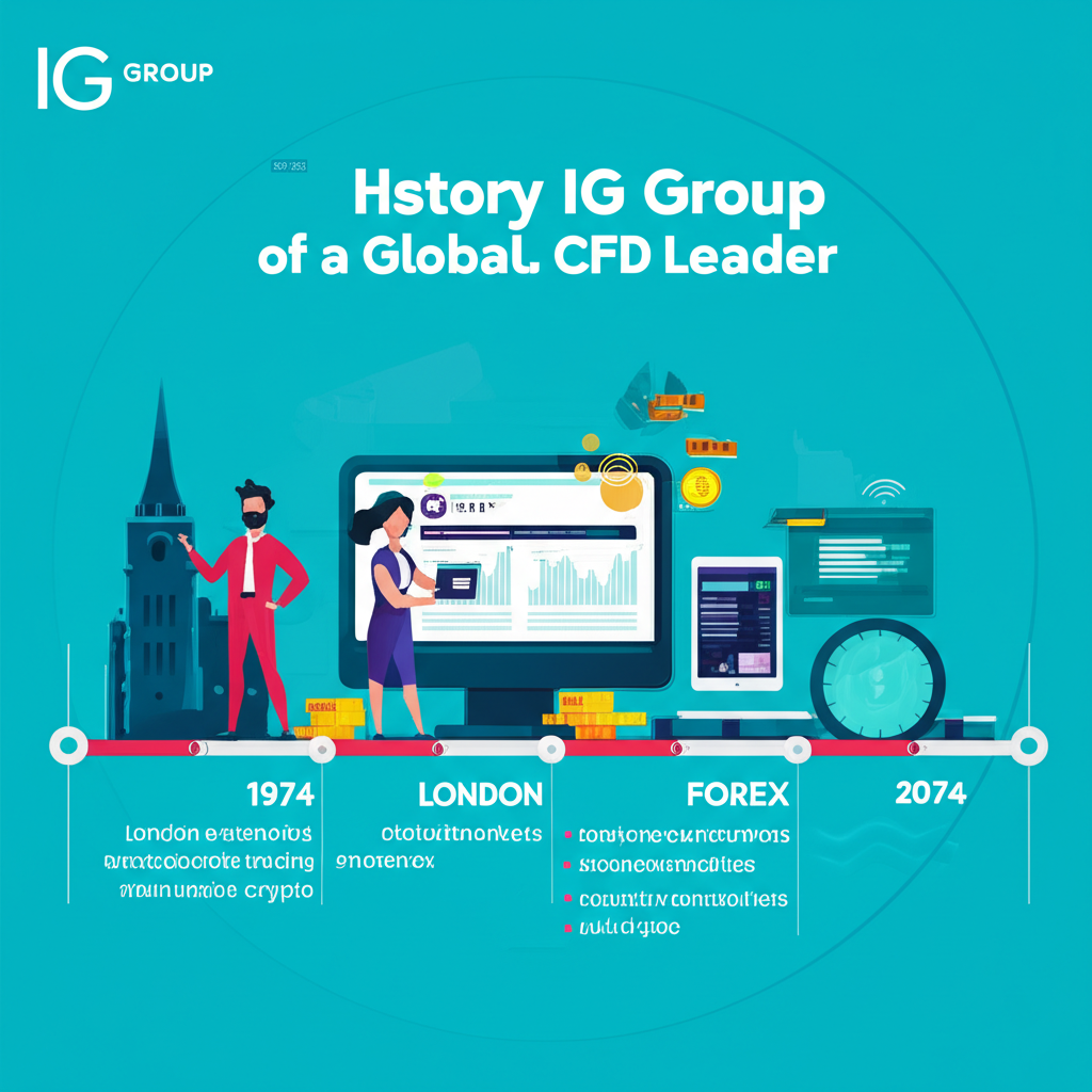 An illustration depicting the history of IG Group from 1974 in London with a timeline showing its evolution into a global CFD leader offering diverse markets like forex stocks commodities and crypto to numerous traders
