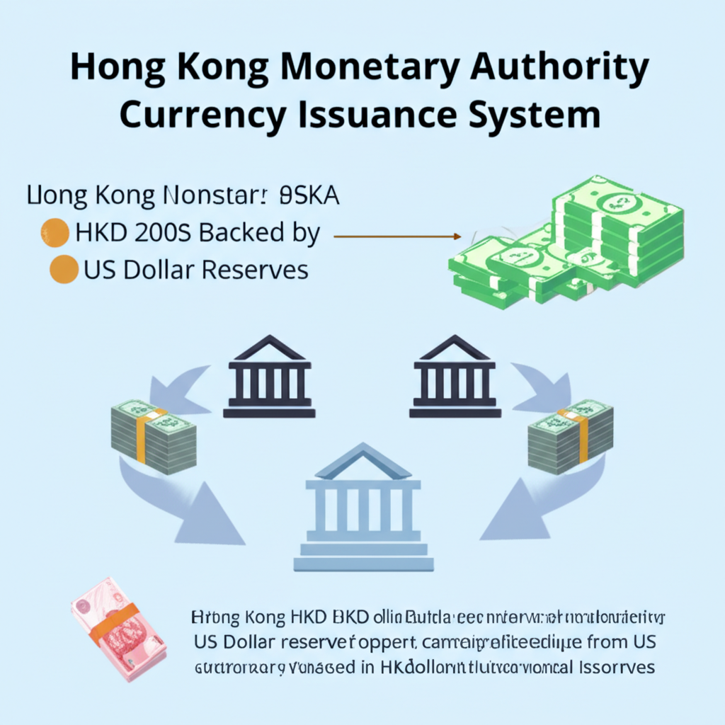 香港金融管理局與三家商業銀行發行港元鈔票,由美元儲備支持的獨特體系插圖