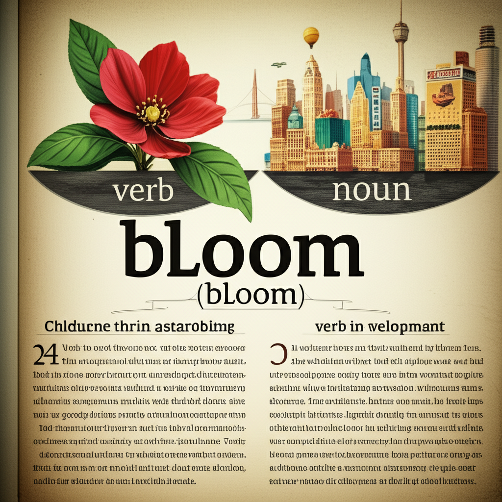 An illustration showing a dictionary page for the word bloom with two main branches, one for verb and one for noun, each branch depicting a blooming flower and a thriving city skyline symbolizing its core meanings of flourishing and developing