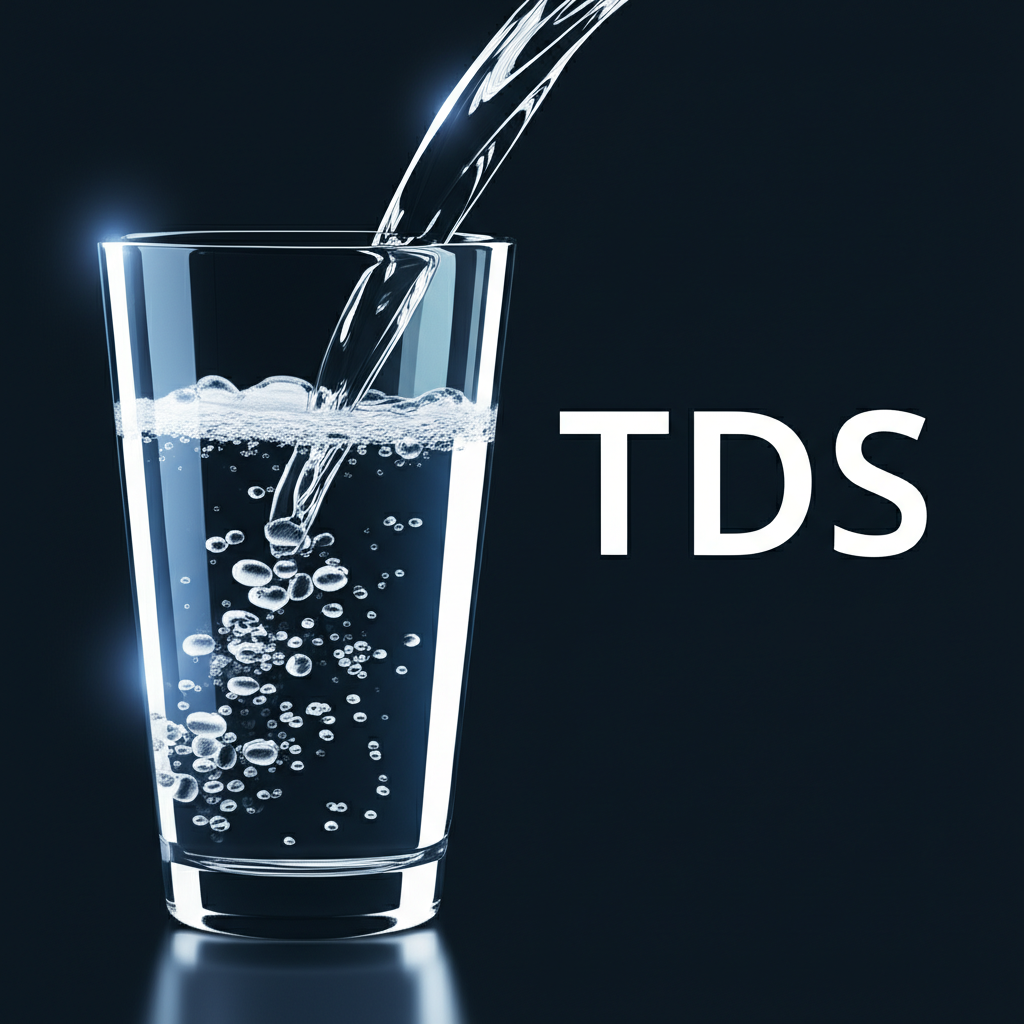 水流入玻璃杯,顯示TDS文字與水中溶解微粒的科學插圖