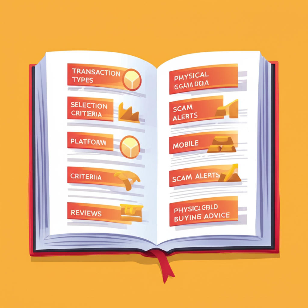 An illustration of an open guide book about gold trading platforms showcasing sections on transaction types selection criteria platform reviews mobile apps scam alerts and physical gold buying advice