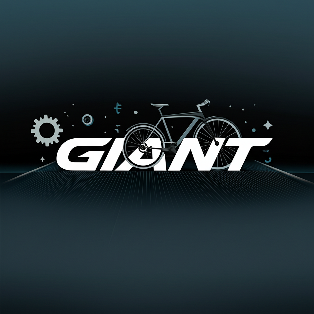Giant 詞彙轉變為捷安特品牌標誌的插圖,展現廣闊與領導感,周圍環繞語言符號與齒輪