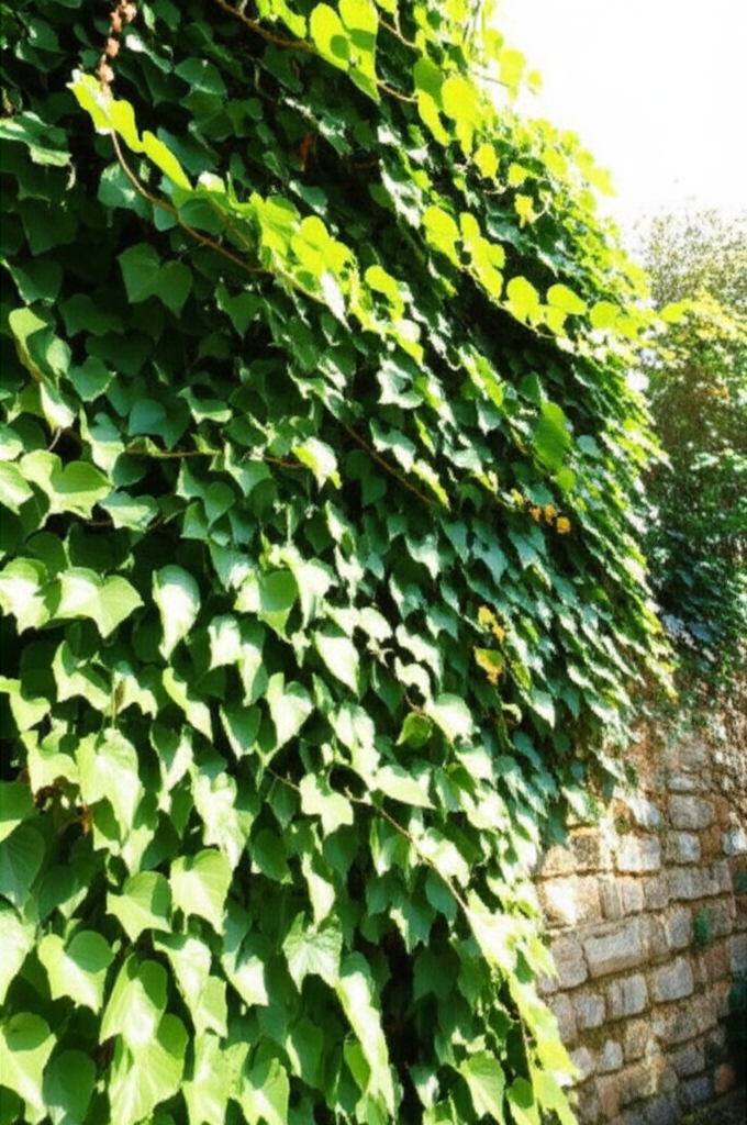 illustration of vibrant green ivy vines with heart shaped leaves climbing an old stone wall in a beautiful garden with a bright sun