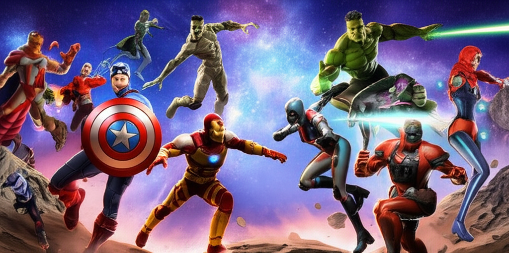 An illustration of iconic Marvel superheroes and villains from Marvel Future Fight in dynamic 3D action poses battling across a visually stunning multiverse landscape representing the game's rich comic and movie world
