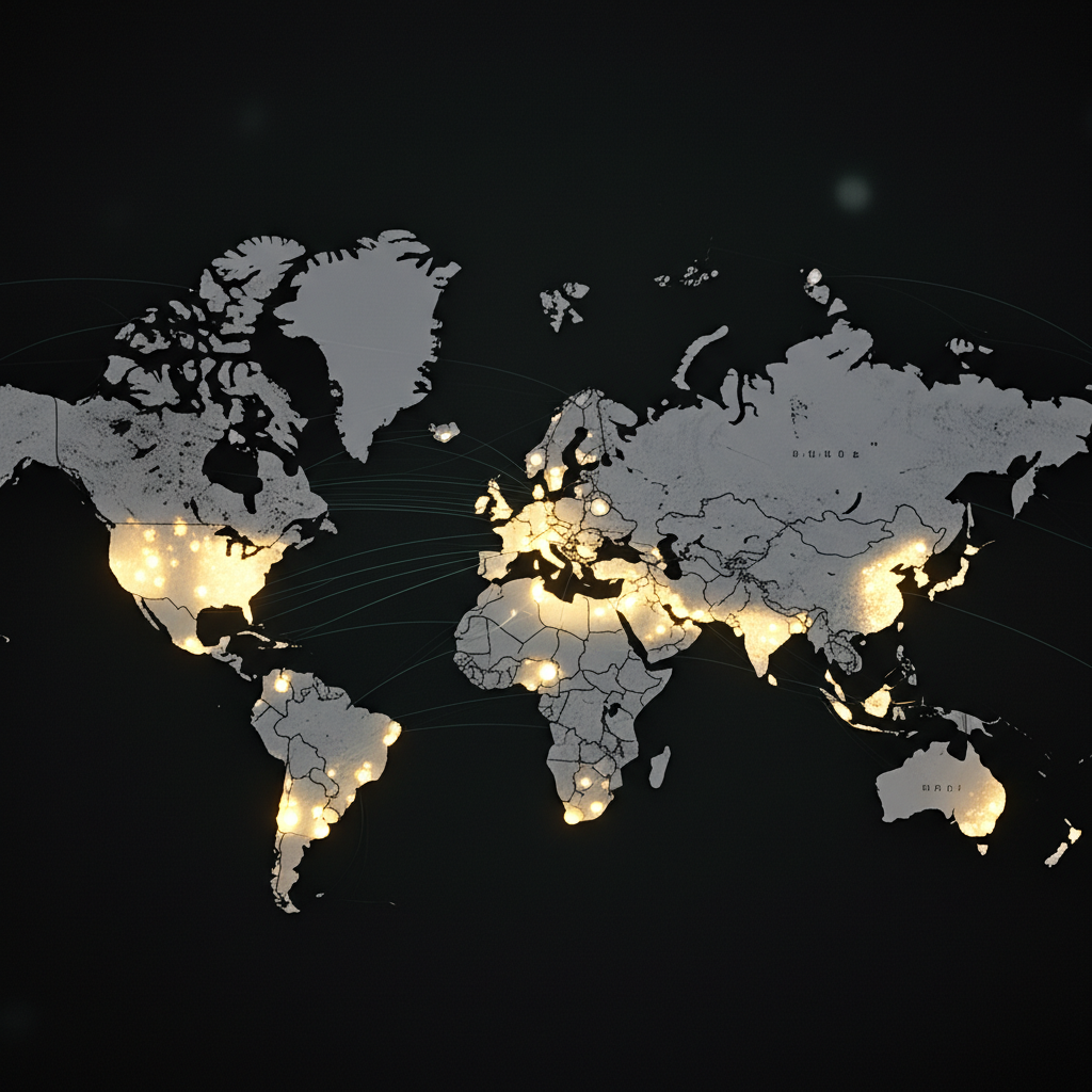An illustration showing a world map with glowing dots representing IG Group's 15+ global offices across Europe North America Asia Pacific and Africa symbolizing its vast international reach and influence in financial markets