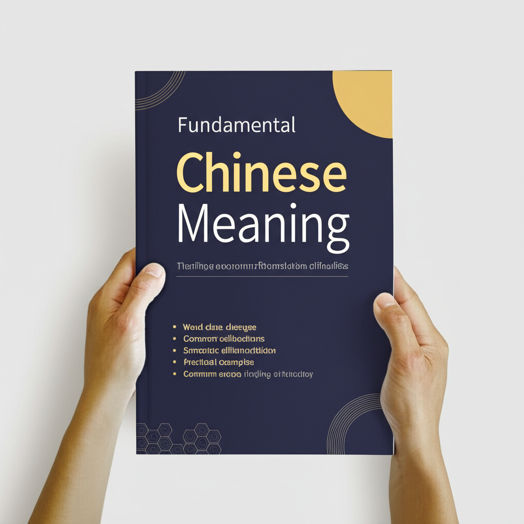 An illustration of a detailed guide book titled Fundamental Chinese meaning showing sections for word class changes common collocations semantic differentiation practical examples and common errors helping a person overcome translation difficulties