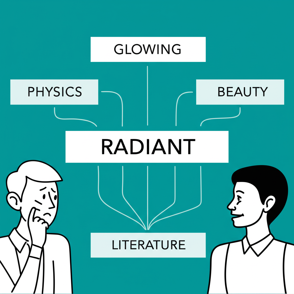 Radiant 詞彙的多重意義插圖,中央單字周圍延伸出發光、物理、美容與文學等概念,展示其多元面向