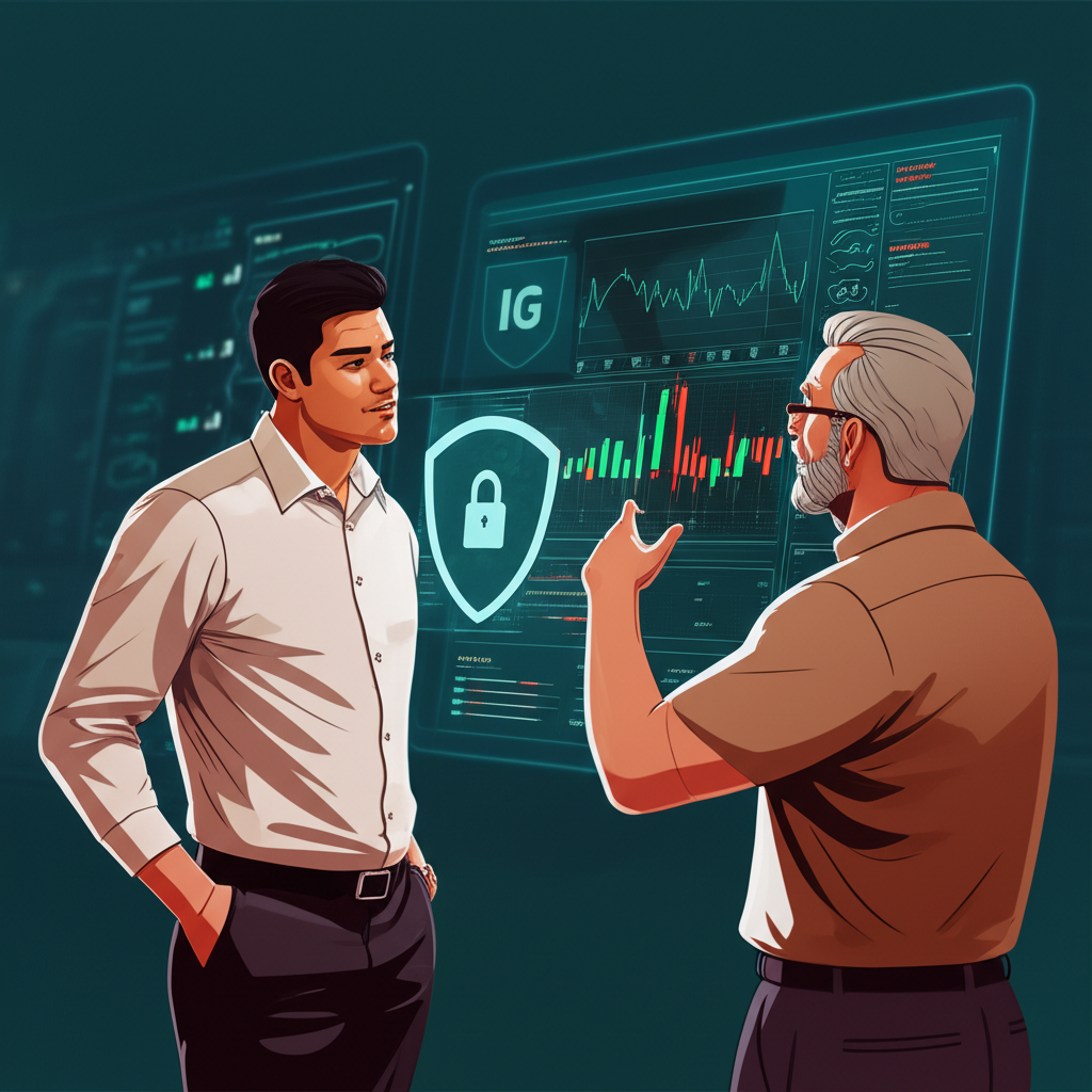 An illustration of diverse investors a novice and an experienced trader looking at a glowing IG trading platform interface with security features and market data displayed in a modern clean style