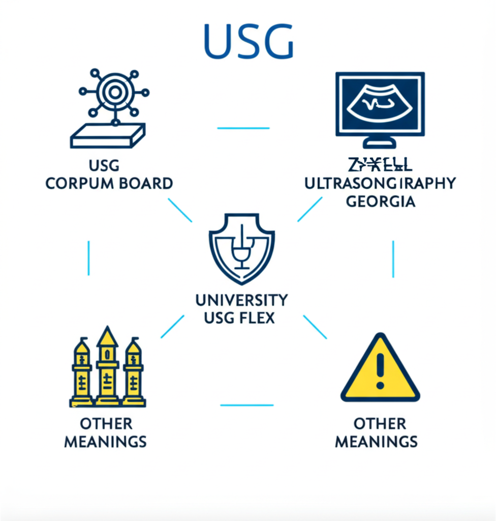 USG 不同含義的視覺目錄,包含建材、防火牆、超音波檢查、大學系統和其他警示的圖示
