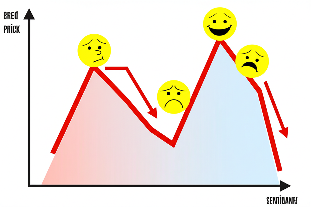 An illustration showing market participants emotions shifting from greed to fear as stock prices fail to break previous highs during a second peak with declining confidence