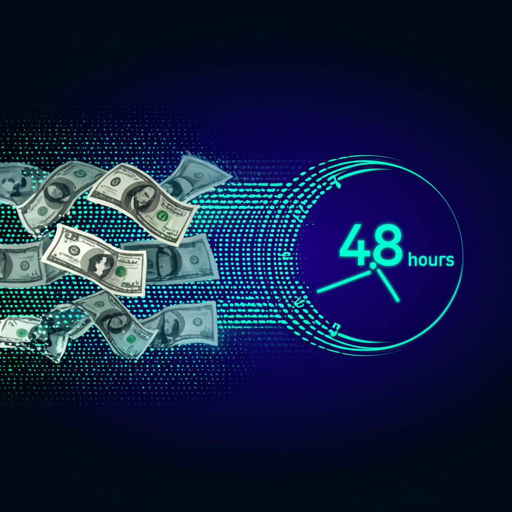 現金轉為迅速消失的數位點數,時鐘顯示48小時,凸顯止損黃金時機