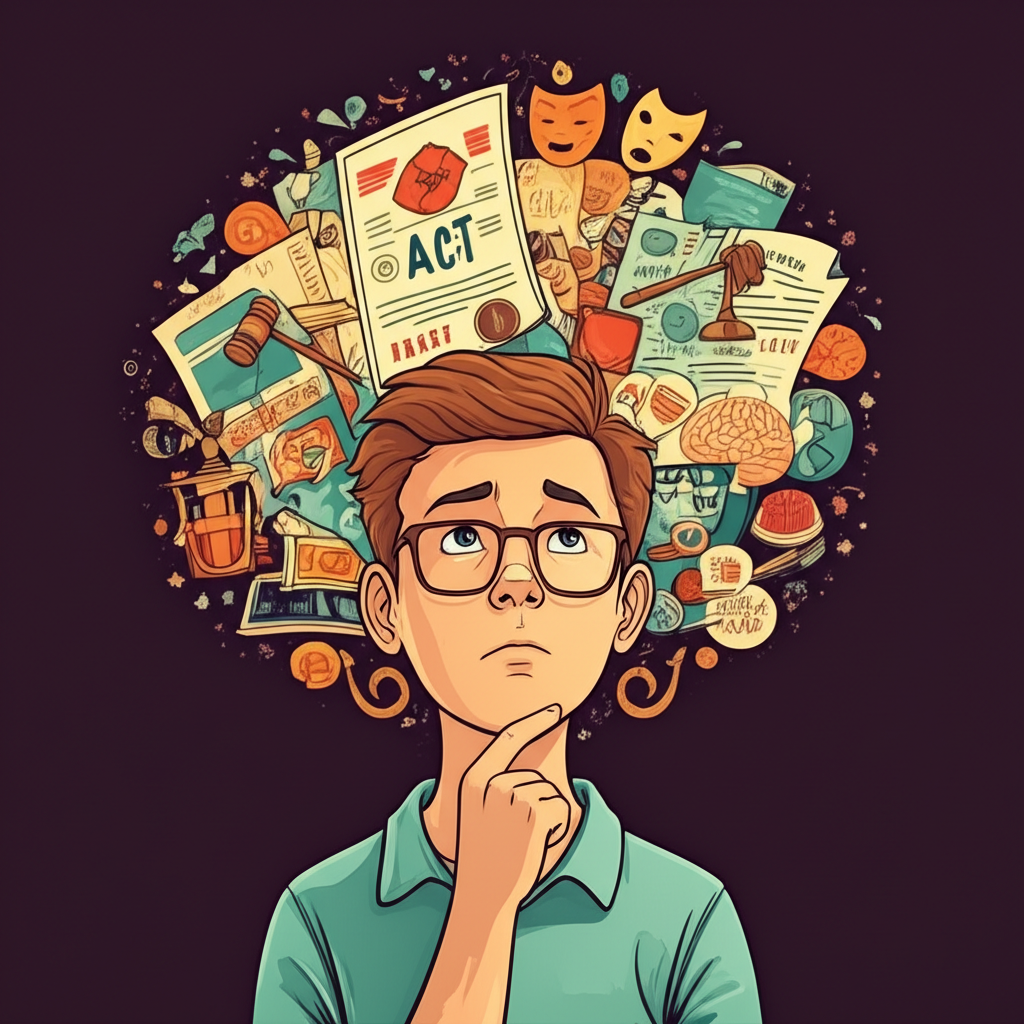 Illustration of a curious student exploring diverse meanings of the English word act in fields like law, theater, and psychology