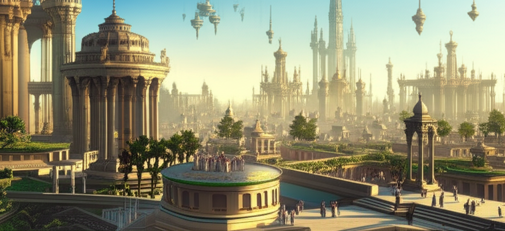 An illustration of a grand utopian city shimmering in the distance with intricate architecture and harmonious citizens reflecting human aspirations and critical reflections a blend of ancient and modern elements