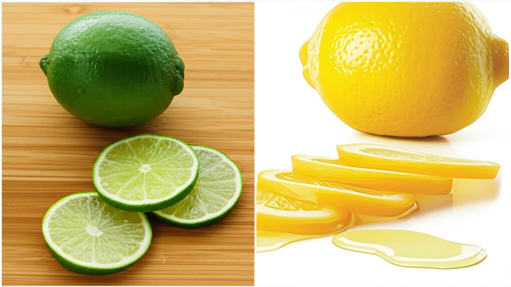 不同萊姆品種的收藏,包括小巧的Key Lime、大而光滑的Persian Lime,以及表面凹凸的Kaffir Lime連同其葉子,藝術性地排列在木桌上插圖
