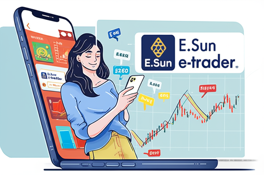 使用玉山e-trader App進行行動投資的插圖,展示使用者愉快操作手機,周圍浮現財務圖表與股票符號,象徵輕鬆的股票買賣、定期定額與智慧下單