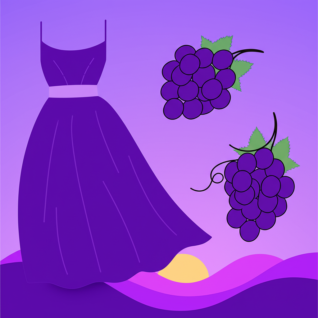 illustration of various purple objects like a purple dress, purple grapes, and a purple sunset sky showcasing the color purple