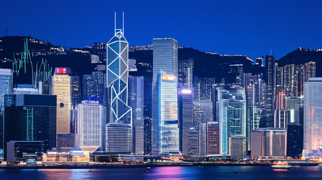 Hong Kong skyline, ETH chart, illustration.