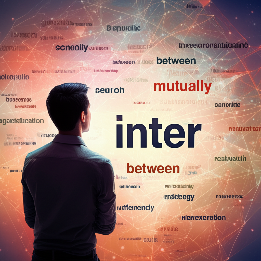 一位人物注視著詞彙與連結交織的複雜網絡,試圖理解 inter 字首的意義,周圍浮現 between 和 mutually 等詞語,在充滿活力與好奇的氛圍中