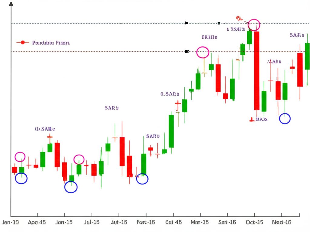 An illustration of a stock chart with SAR indicator points calculated using Extreme Point and Acceleration Factor showing how the dots dynamically adjust and follow price movement in both upward and downward trends