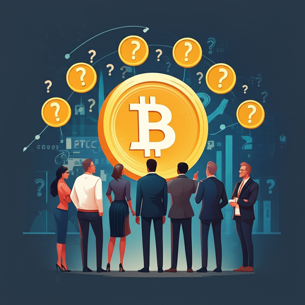 diverse investors examining BTCC cryptocurrency market security and legality illustration